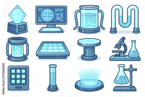 Futuristic laboratory equipment icons: computer, microscope, beakers, reactor, tools