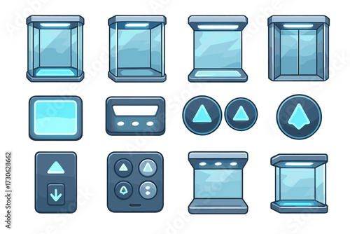 Collection of elevator icon designs featuring buttons and panels with blue and gray tones