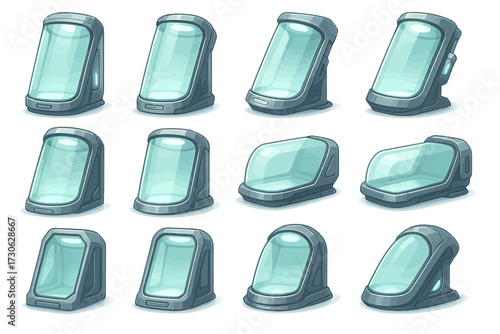 Futuristic sci-fi cryogenic pods collection on white background
