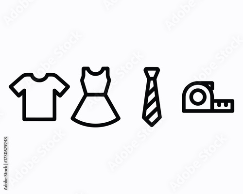 Clothing and Accessory Icons Displayed Together Dress Shirt Tie and Measuring Tape Simple Graphic Representation for Fashion Design or Retail Related Concepts
