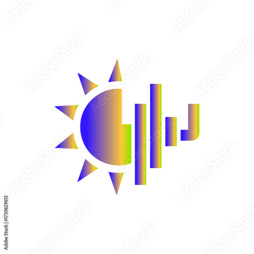 Vector icon of a sun with radiating triangular beams that gradually shift into sound wave bars 