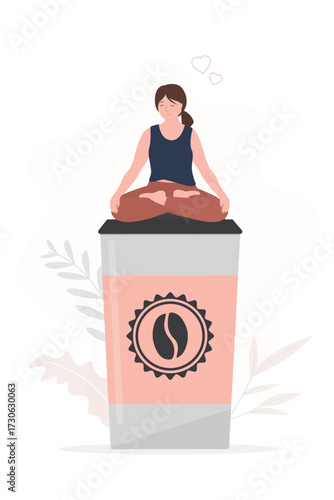 Happy woman sits in lotus yoga pose on giant cup of coffee. Young female with closed eyes with mug of cafe, enjoyment. Concept of body positive and caffeine lovers.
