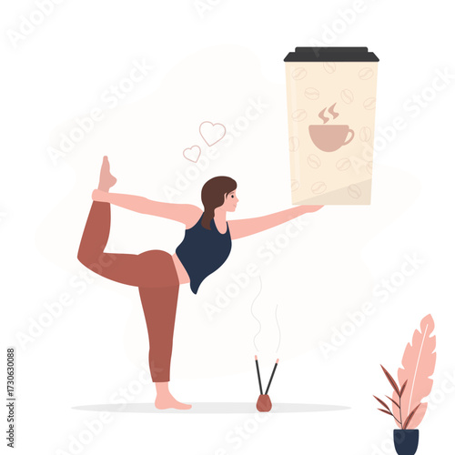 Happy woman doing yoga pose and holding cup of coffee. Young female with mug of cafe, enjoyment. Concept of body positive and caffeine lovers. Yoga and coffee at morning.