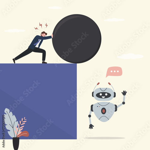Angry businessman push stone ball on robot. AI chat bot attacked by human. Rejection of innovations, fear of neural network development, fight against artificial intelligence.