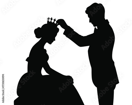 Royal silhouette vector graphic of a prince placing a crown on a princess silhouette vector illustration white background
