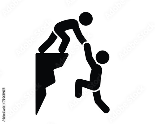 Vector illustration of person helping another person climb up a cliff icon silhouette vector illustration white background