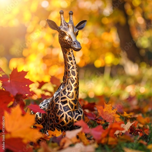Golden giraffe figurine amidst autumn leaves