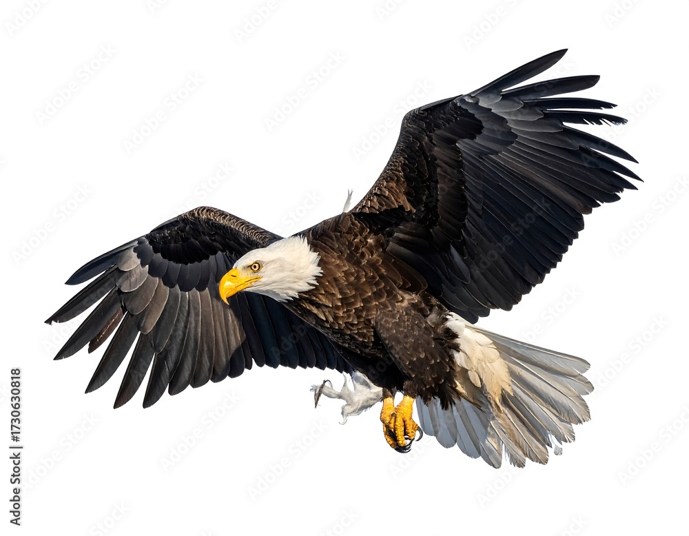 Naklejka premium Bald eagle in flight, sharp focus