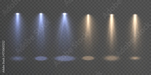 A set of isolated spotlight lighting effects. A bright, glowing spotlight on a transparent background.