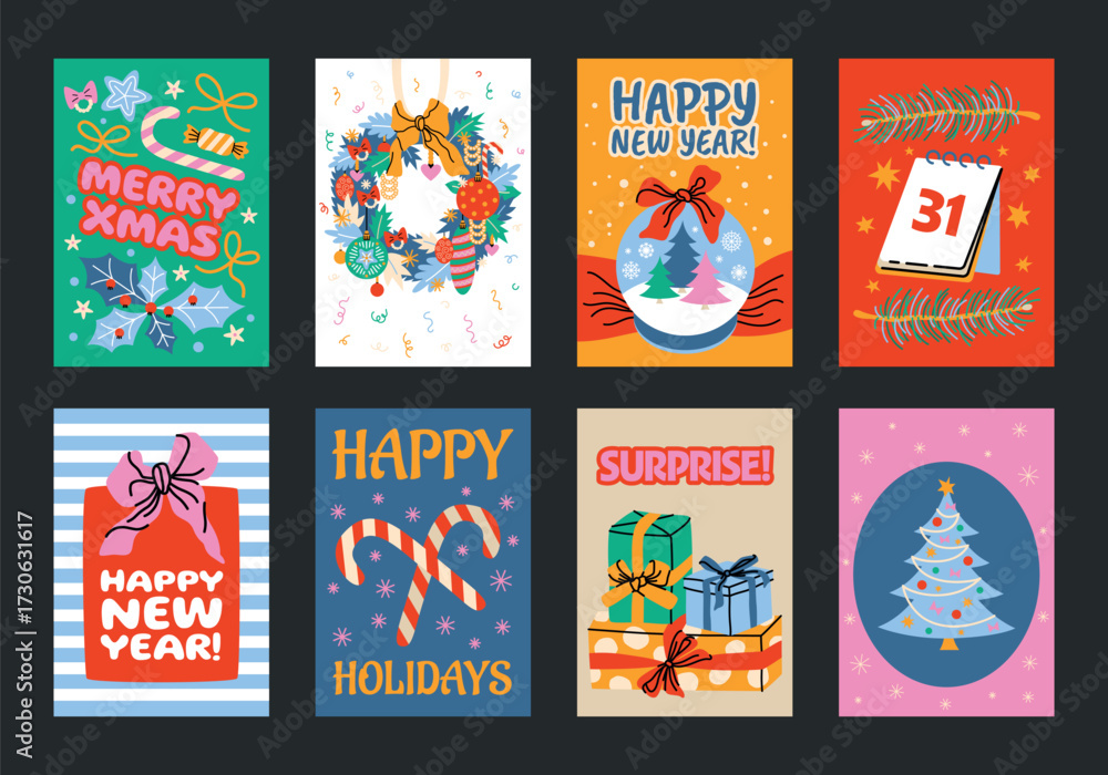custom made wallpaper toronto digitalChristmas and New Year posters in cartoon. Holiday gifts, winter, Santa, Christmas tree, toys and cozy atmosphere. Festive seasonal vector cards in a retro groove style. Wall art and printed materials