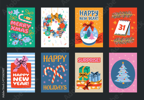 Wallpaper Mural Christmas and New Year posters in cartoon. Holiday gifts, winter, Santa, Christmas tree, toys and cozy atmosphere. Festive seasonal vector cards in a retro groove style. Wall art and printed materials Torontodigital.ca