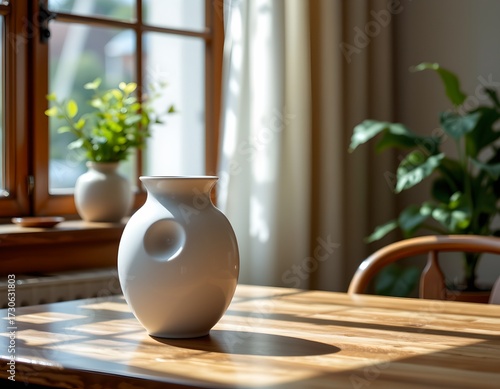 An interior setting with a focus on a large vase placed centrally on a wooden dining table
