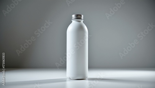 A white milk bottle is centrally positioned in front of a plain grey background.