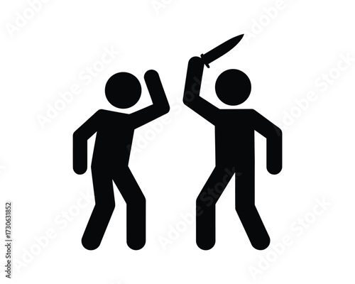 Violent confrontation stick figure vector illustration with knife attack scene silhouette vector illustration white background