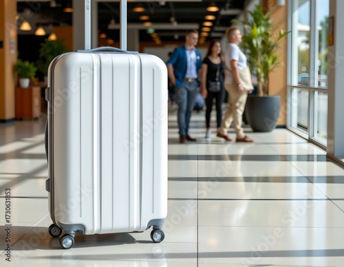 An airport setting. In the foreground, there's a large white suitcase with black wheels positioned on a clean, reflective floor