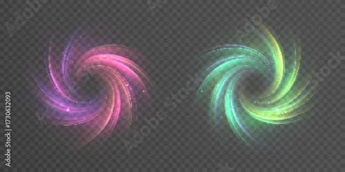 Abstract glowing vortex spirals in pink and green tones with shimmering particles on a transparent background. Futuristic energy vortexes for digital design.