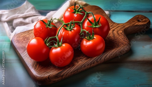 a vibrant display of fresh truss tomatoes resting on a rustic wooden cutting board emphasizing natural produce and healthy eating perfect for culinary and gastronomic themes