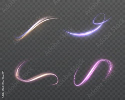 A set of glowing curved light strips in purple, pink, and gold colors on a transparent background.