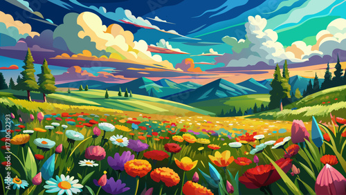 very beautiful This impressionist painting captures a vibrant meadow with a multitude of colorful flowers under a sky with drifting clouds, delivering a sense of nature’s beauty