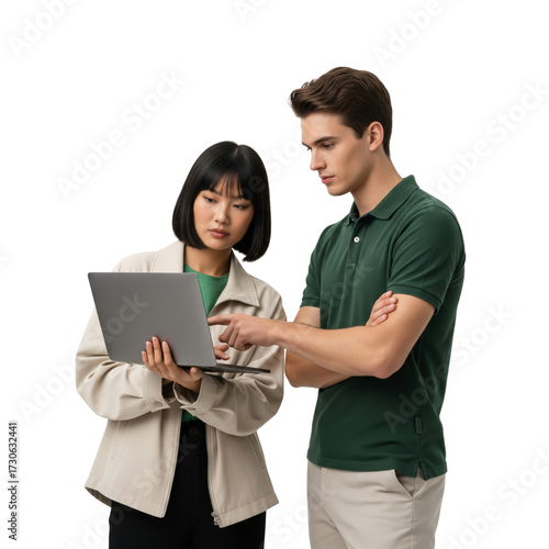 Two business people working on laptop isolated on white, or students discussing