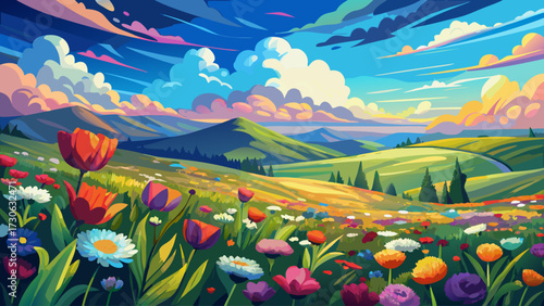 This impressionist painting captures a vibrant meadow with a multitude of colorful flowers under a sky with drifting clouds, delivering a profound sense of nature’s beauty, harmony, tranquility, timel
