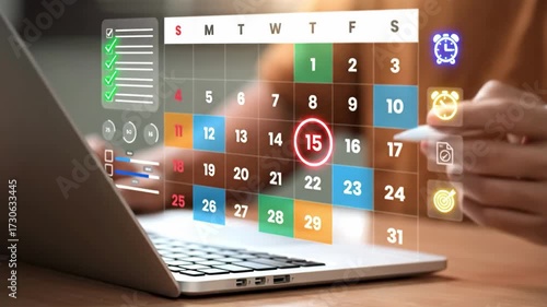 Digital calendar with a laptop : Hands interact with a virtual calendar displayed on a modern laptop, highlighting the concept of scheduling and time management, blending technology with daily life