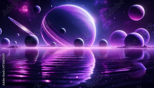 planets in dark space reflect in purple water rings around bright planets ai generative