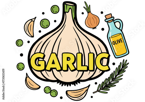 Fresh garlic bulb with cloves, olive oil, and herbs on a vibrant kitchen-themed background
