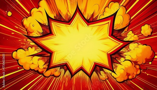red and yellow comic book style explosion with radiating energy and a blank speech bubble yellow