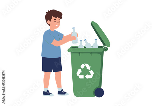 A boy throws a glass bottle into a green recycling bin