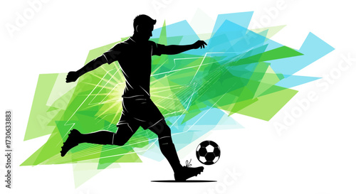 A graphic silhouette of a male soccer player kicking a soccer ball, set against a vibrant, abstract background of green and blue shapes.