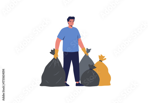 A person in gloves stands by four full garbage bags of varying colors