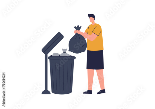 A person is tossing a black trash bag into a dark gray trash can with a lid