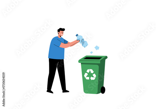 A person throws a crushed bottle into a green recycling bin marked with the recycling symbol