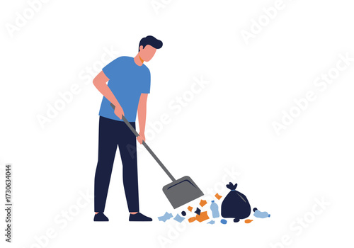 A person uses a dustpan to clean scattered garbage near a full black trash bag