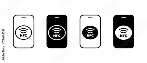 NFC Icon Set. Smartphone with NFC technology symbol. Contactless payment, mobile wallet, cashless transaction concept