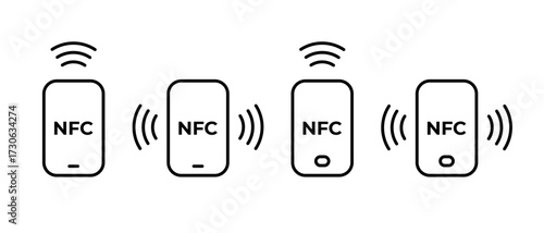 NFC Icon Set. Smartphone with NFC technology symbol. Contactless payment, mobile wallet, cashless transaction concept