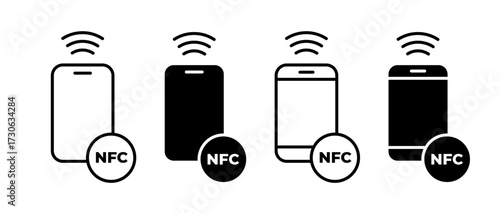 NFC Icon Set. Smartphone with NFC technology symbol. Contactless payment, mobile wallet, cashless transaction concept