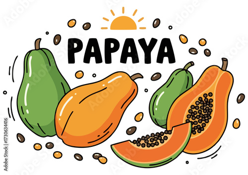 Cartoon cut papaya with black seeds on light yellow background for tropical fruit concept