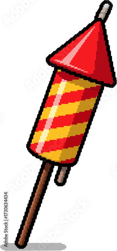 A cartoon illustration of a colorful firework with a wooden stick, ready to launch.