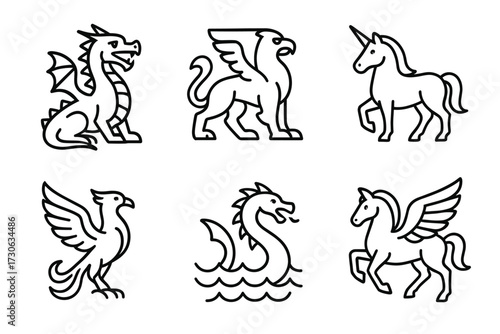 Mythical creatures illustration: dragon, griffin, unicorn, phoenix, serpent, pegasus