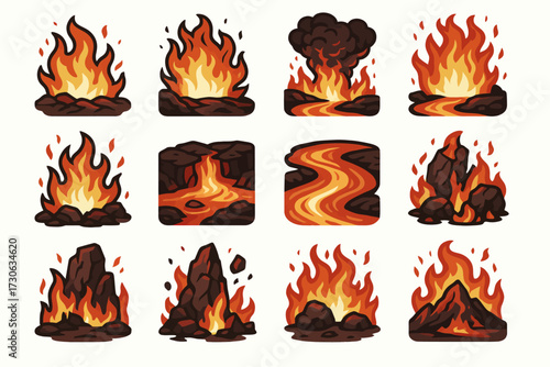Collection of cartoon fire and lava elements with flames and rocks