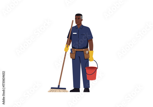 A janitor stands with a mop and bucket