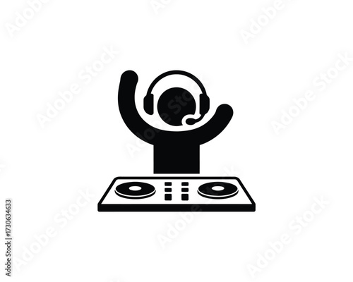 Simple black and white vector icon of a dj with headphones and turntables silhouette vector illustration white background