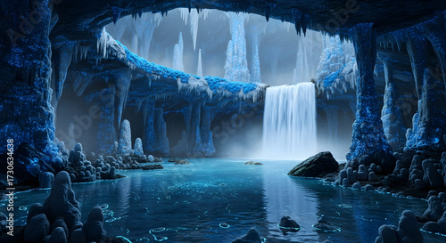Enchanting underground cave with a glowing waterfall cascading into a crystalclear pool, illuminated by magical blue light and ice formations