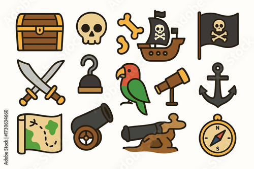 Colorful pirate icons with skull, ship, sword, parrot, and treasure chest