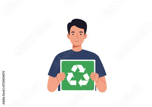 A man holds a green recycling sign against a white background