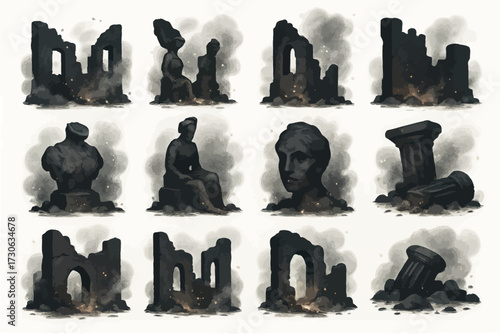 Ancient ruins and statues amidst smoky atmosphere in grayscale art