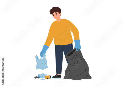 A man wearing gloves picks up litter holding a trash bag and discarded items