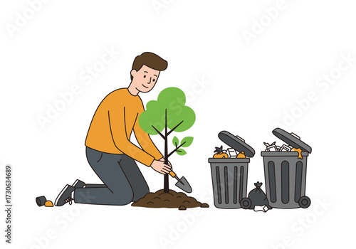 A man kneels planting a tree near overflowing trash cans